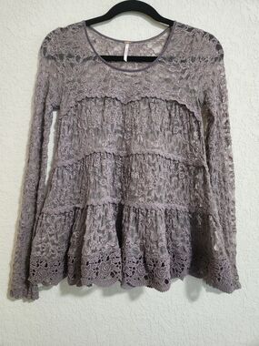 Free People Boho-chic Floral Lace Tiered Long-Sleeve Top - Dusty Mauve In XS